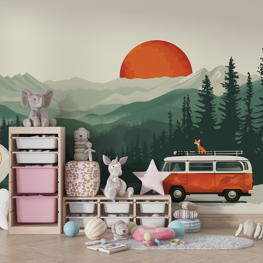 Adventure-themed van wallpaper creating inspiring nursery atmosphere with warm sunset colors