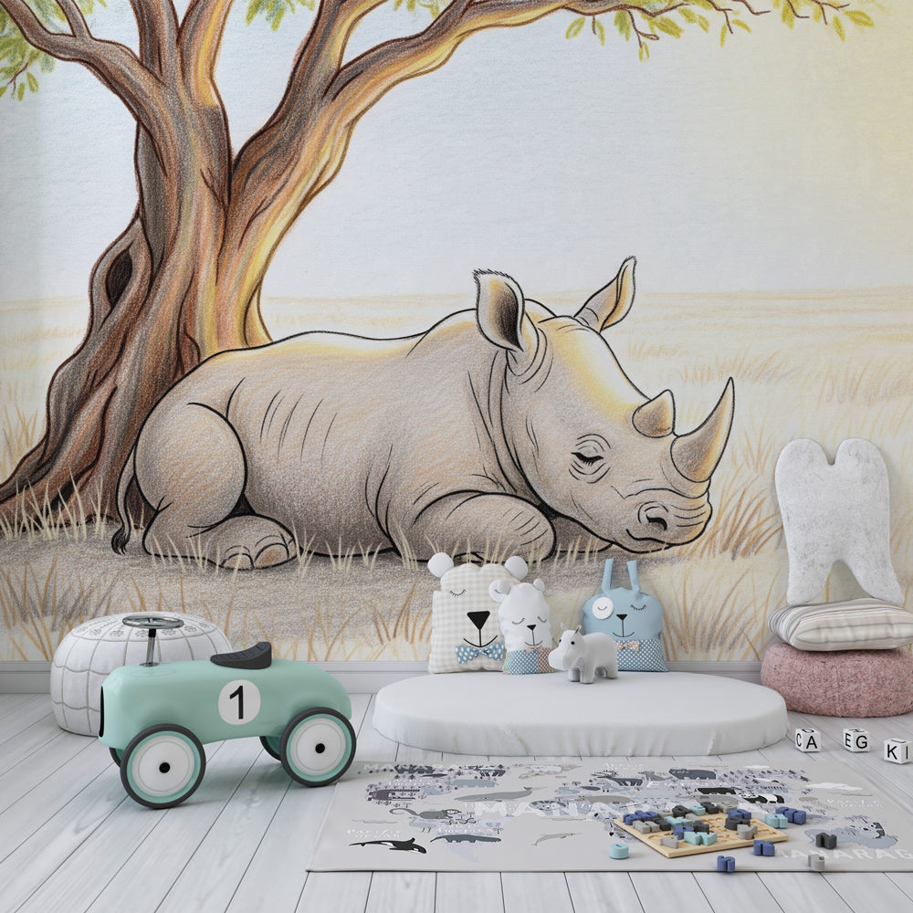 Safari animal mural wallpaper transforming kids bedroom with gentle rhino under tree design