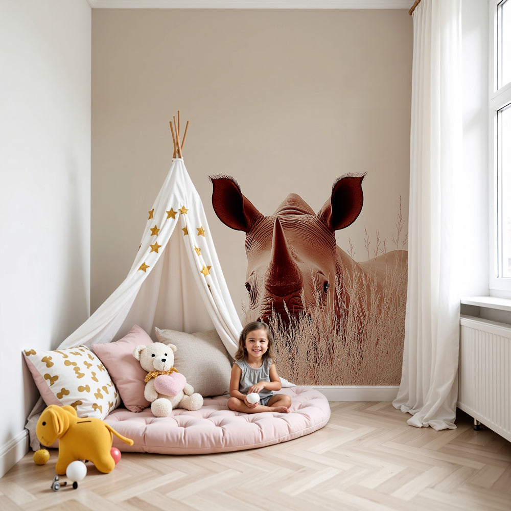 Rhino safari mural wallpaper in modern nursery with natural wood crib by Kids-Mundo