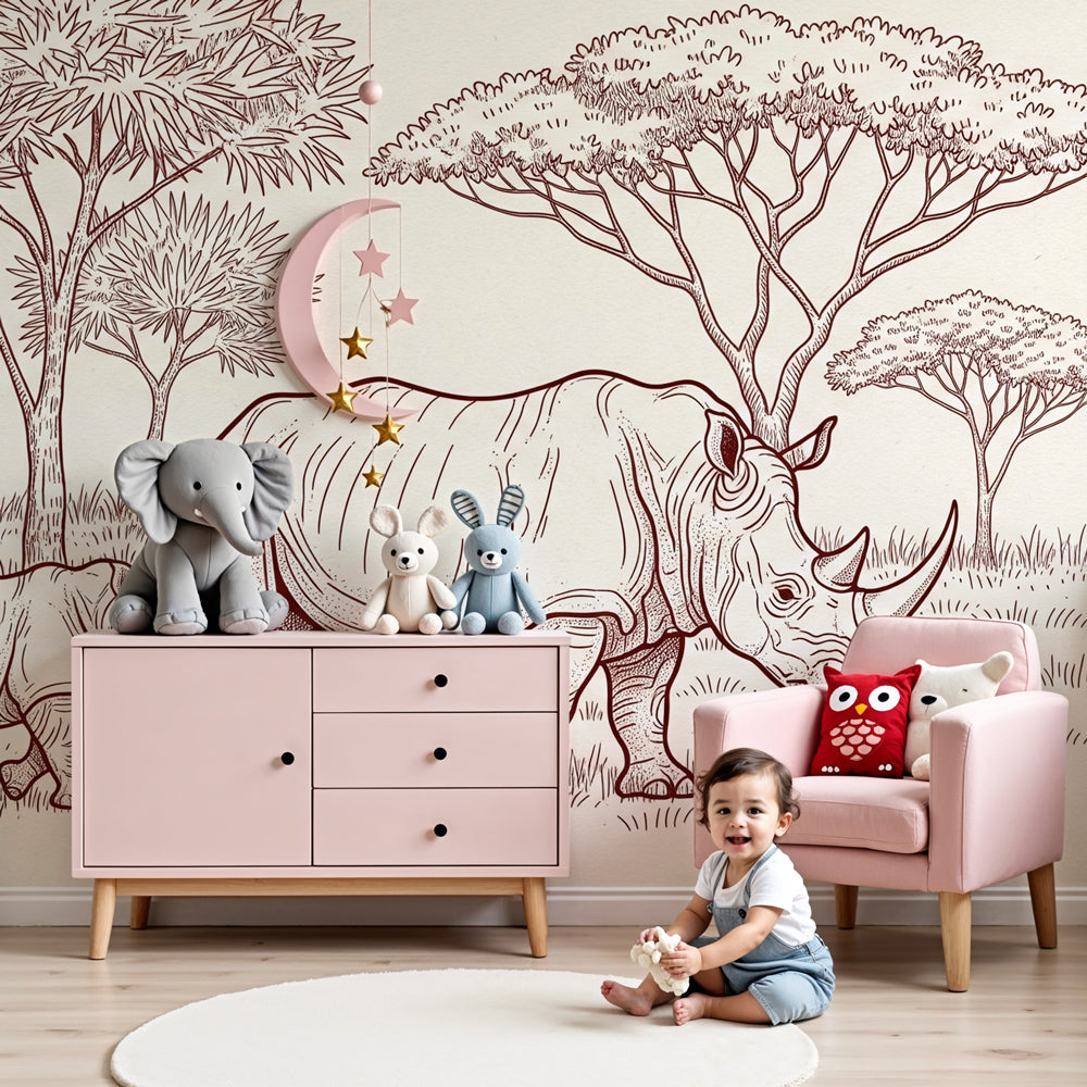 Rhinoceros safari mural wallpaper creating elegant wildlife themed nursery decor by Kids-Mundo