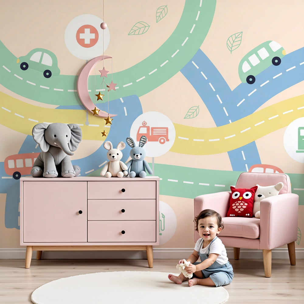 Road circuit mural wallpaper with colorful cars in modern kids bedroom by Kids-Mundo