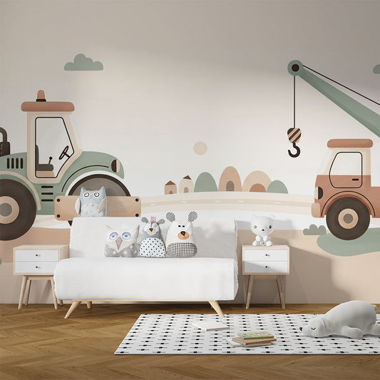 Kids-Mundo road roller and crane truck wall mural on a feature wall in a toddler's bedroom