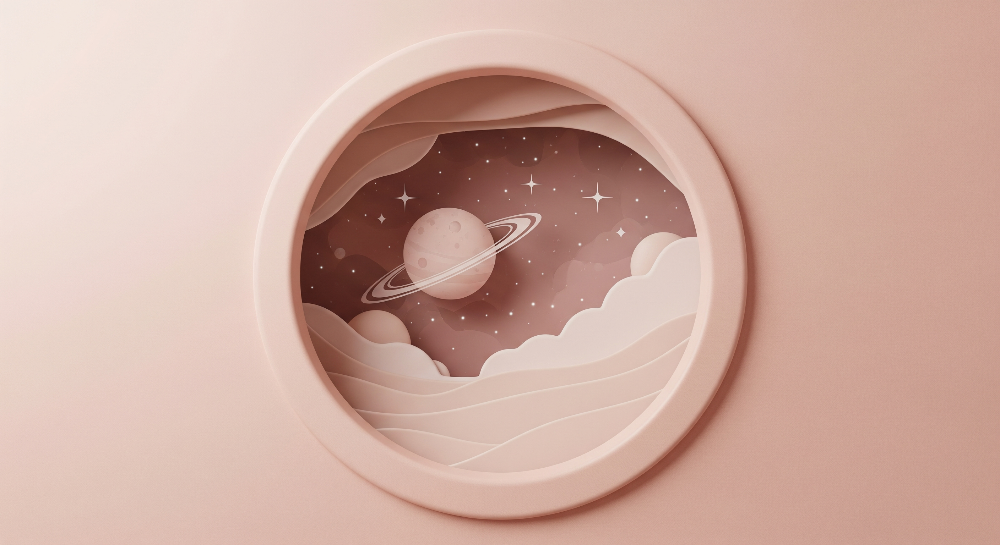 Kids-Mundo flat artwork of a round porthole with a ringed planet in a dusky rose sky