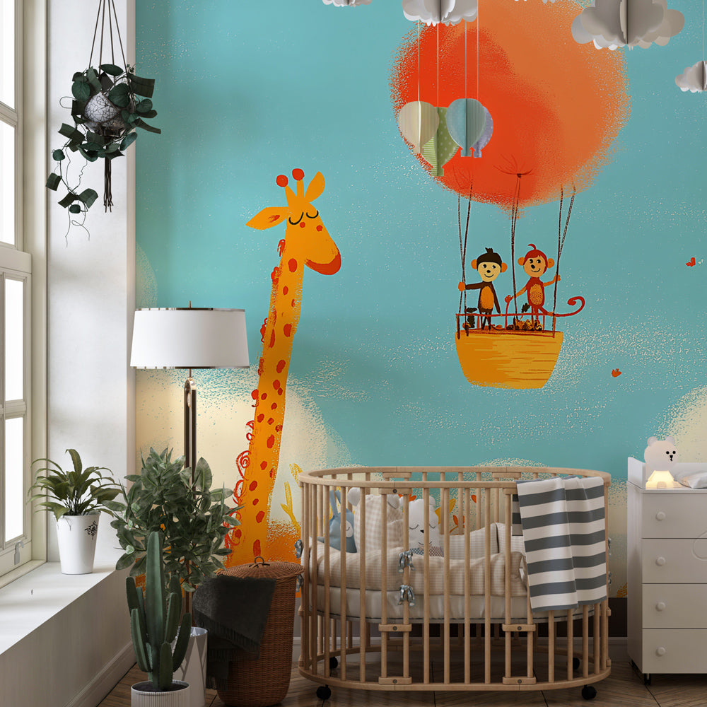 Children's safari wallpaper creating playful atmosphere in cozy bedroom setting