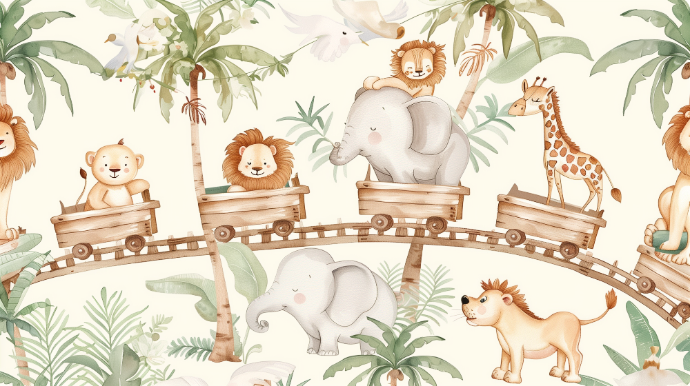Safari Train with Lions, Elephant and Giraffe Wall Mural