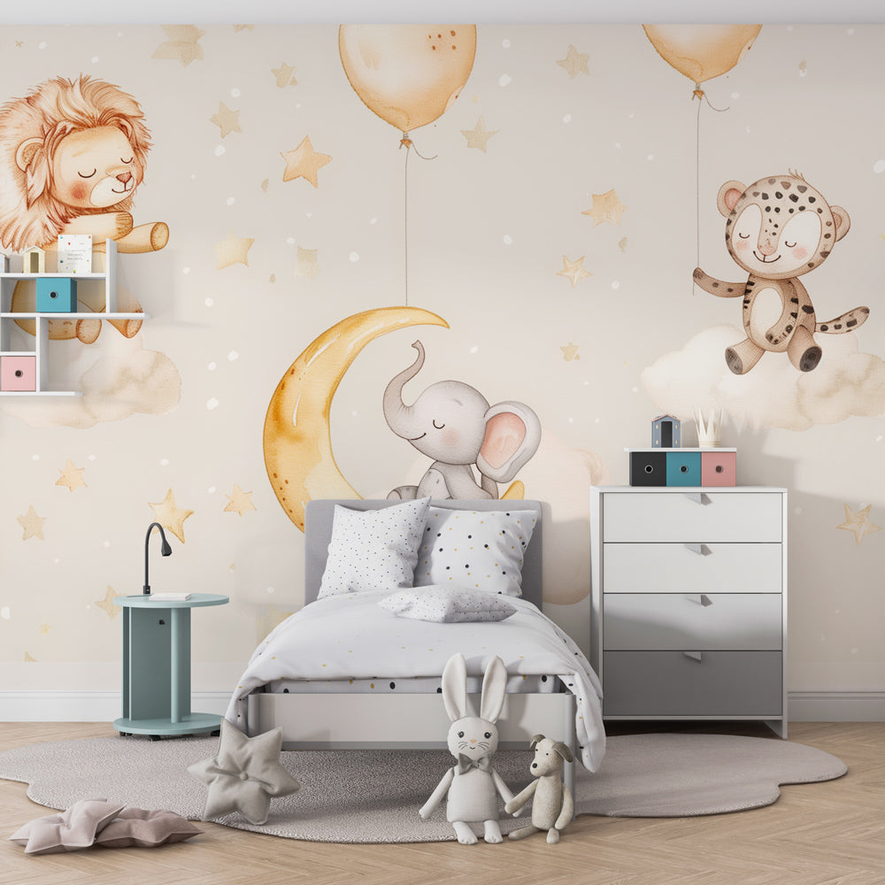 Beige safari animals wallpaper creating dreamy atmosphere in baby bedroom with soft lighting
