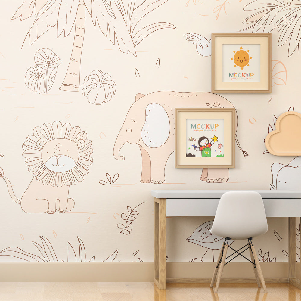 Gentle safari wallpaper in modern baby room with beige and pastel animal characters by Kids-Mundo