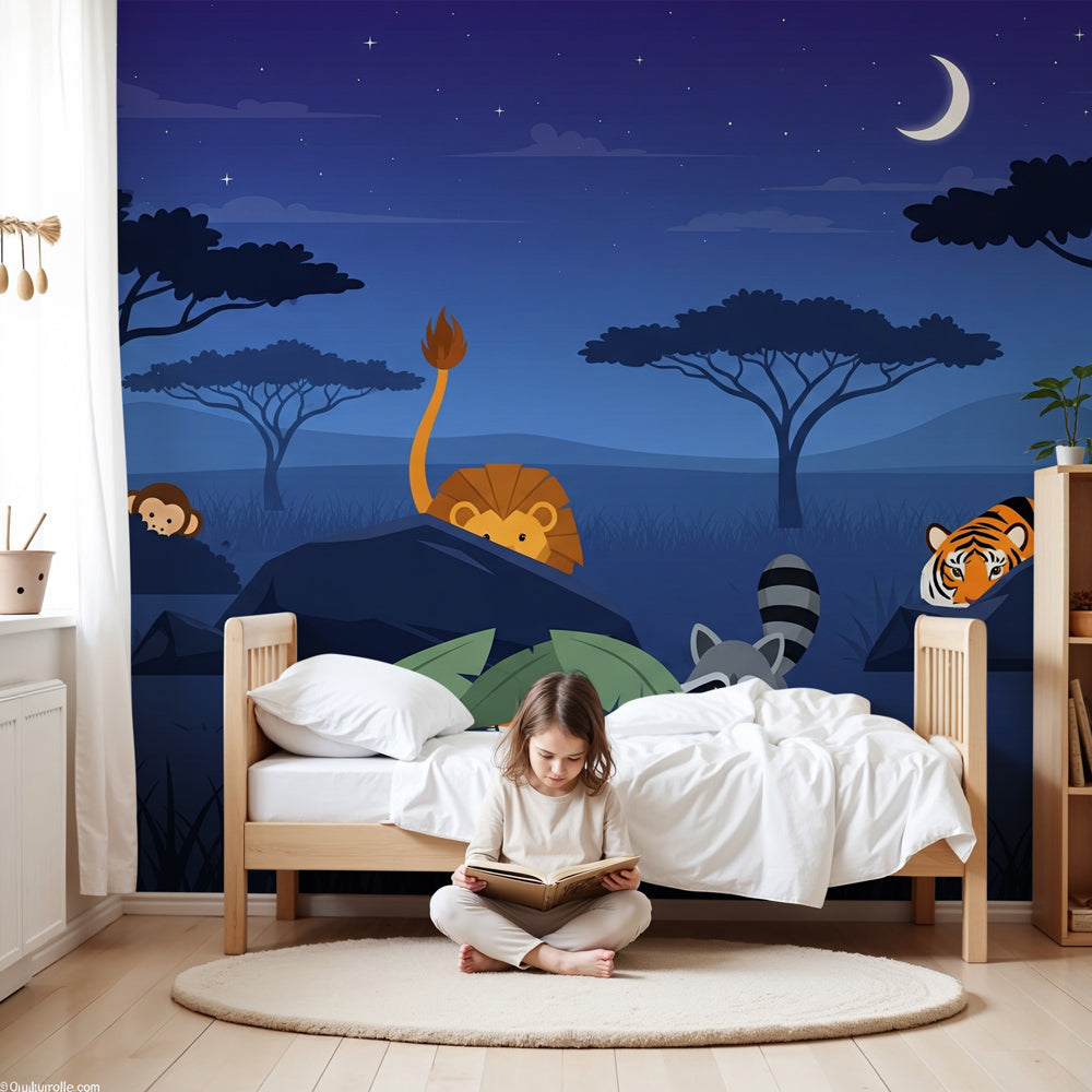 Safari animals mural wallpaper with starry night scene in modern children's bedroom by Kids-Mundo