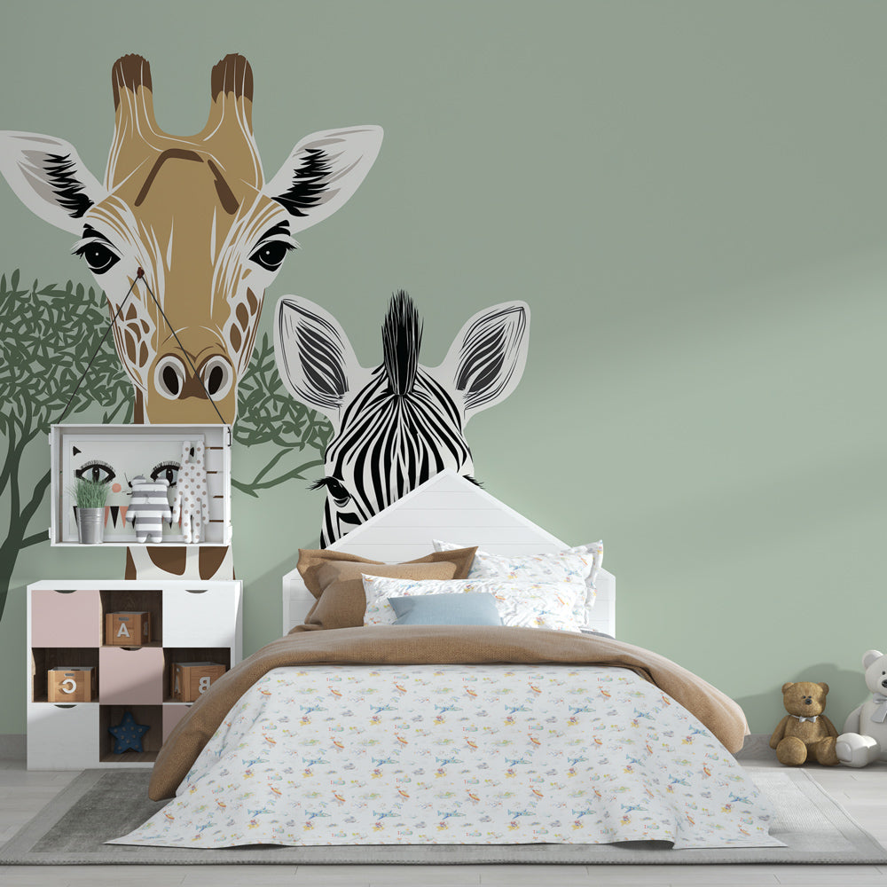Giraffe and zebra wallpaper creating peaceful safari theme in children's bedroom