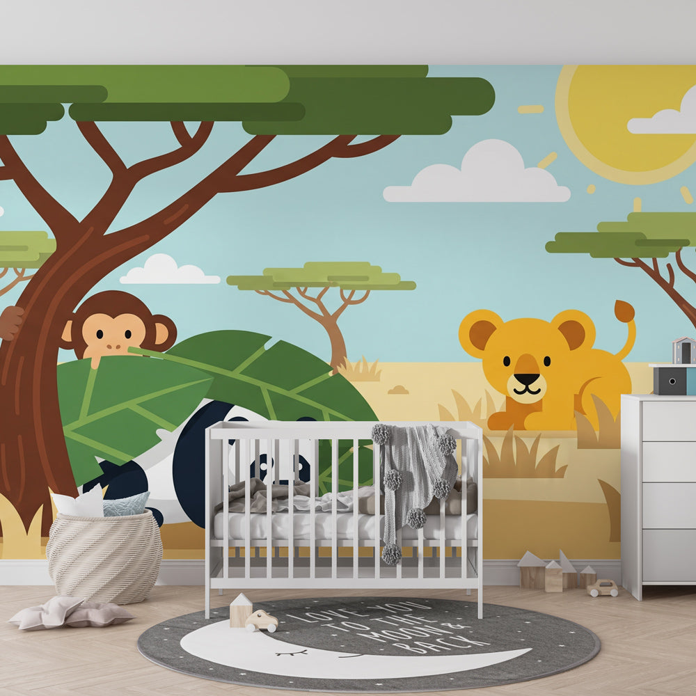 Savanna adventure wallpaper transforming children's bedroom with playful animal characters