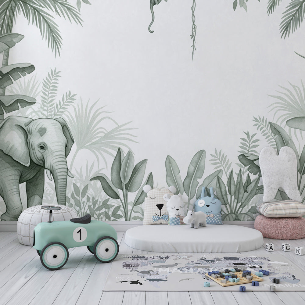 Tropical elephant and monkey wallpaper creating jungle adventure in kids bedroom decor