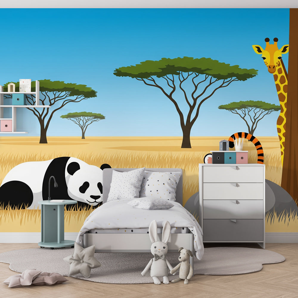 Children's safari wallpaper creating adventure theme in cozy bedroom with natural wood furniture