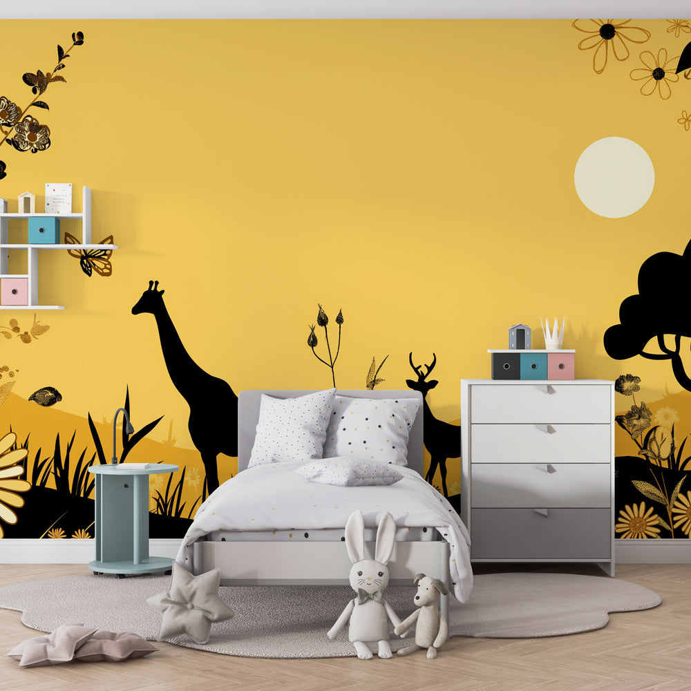 Giraffes and deer wallpaper creating nature-themed kids bedroom decor with yellow background