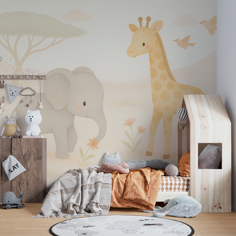 Elephant giraffe garden wallpaper creating peaceful atmosphere in children's bedroom decor