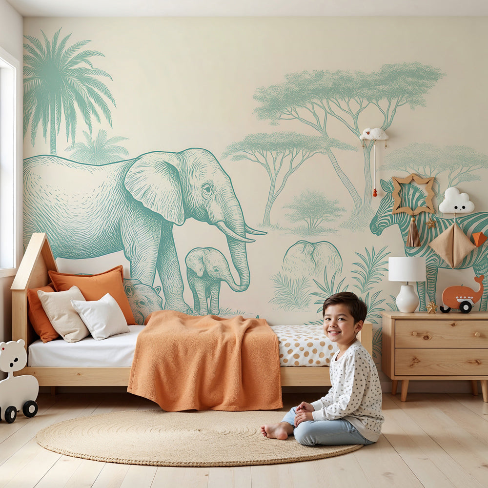 Safari animals mural wallpaper with elephants and zebra in modern nursery by Kids-Mundo