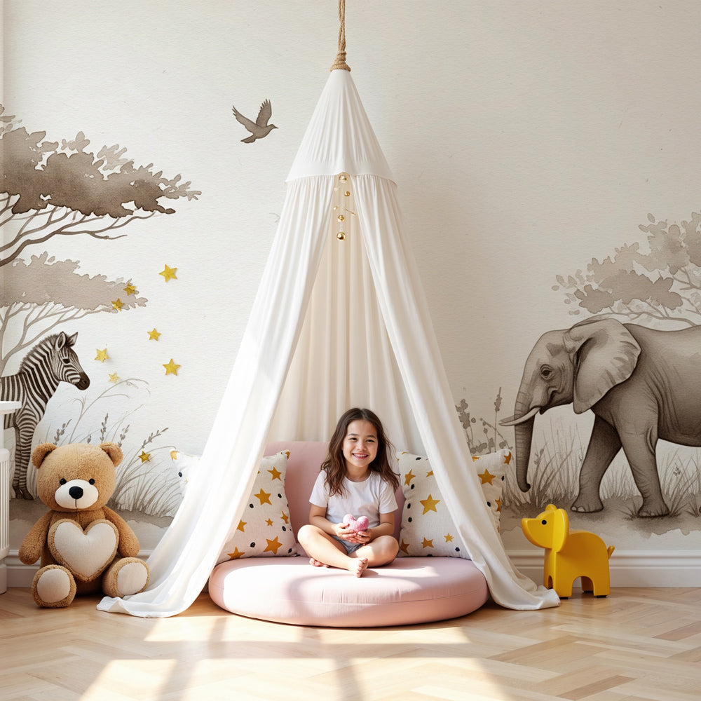 Safari animals mural wallpaper with elephant and zebra in neutral nursery by Kids-Mundo