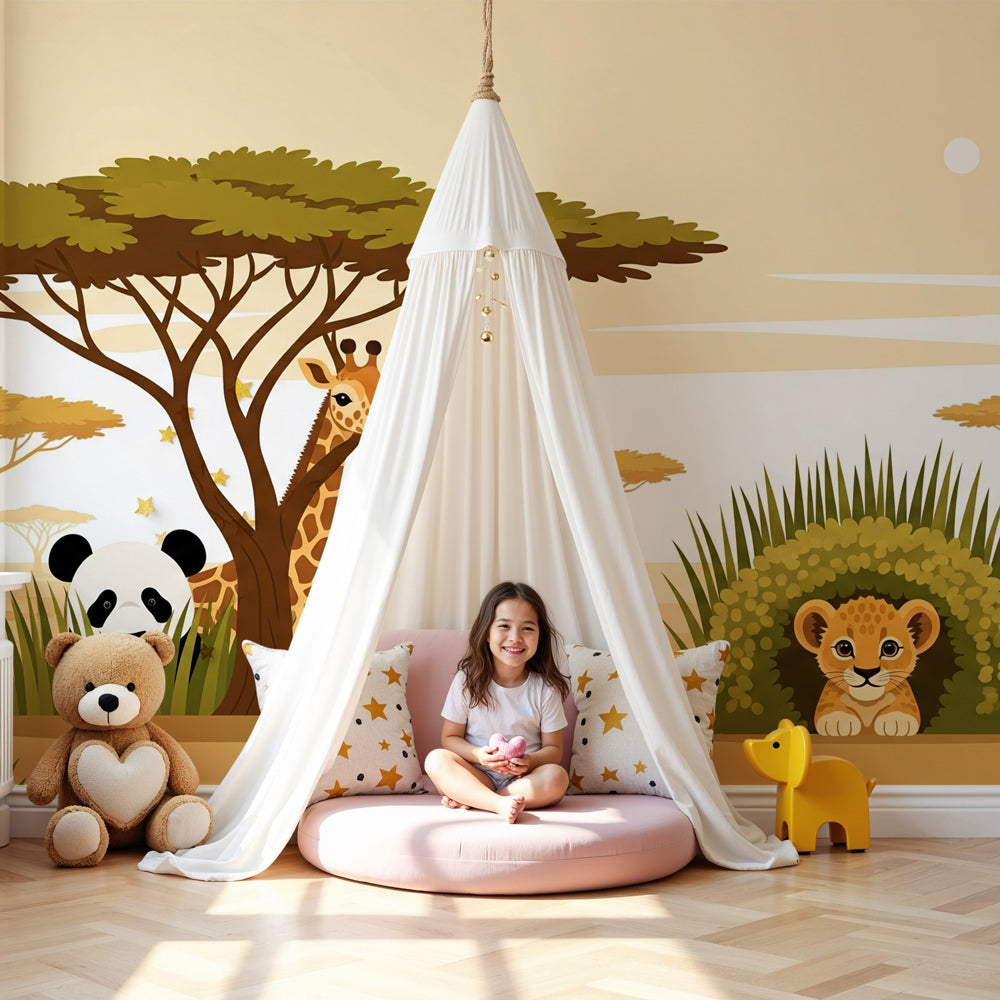 Safari animals mural wallpaper in modern baby nursery with panda and giraffe design by Kids-Mundo