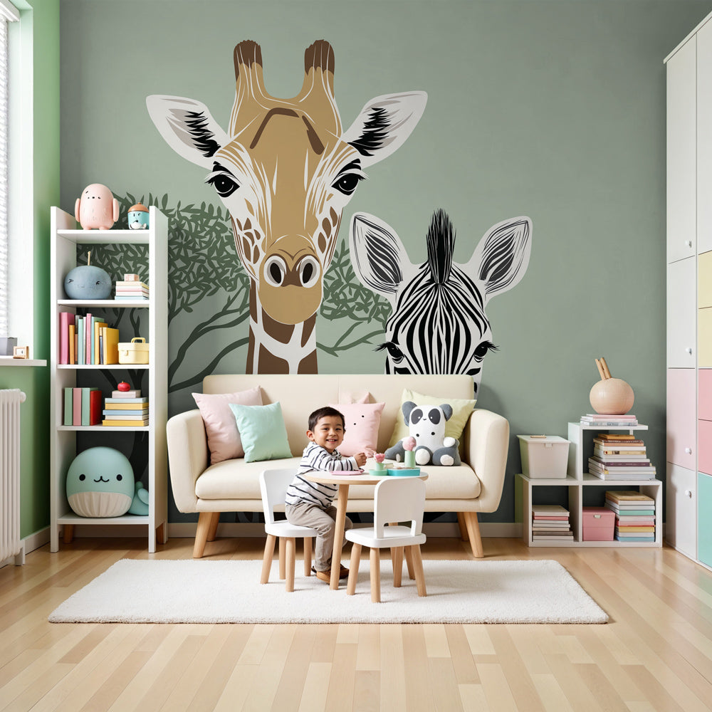 Safari animals mural wallpaper with giraffe and zebra in sage-green nursery by Kids-Mundo