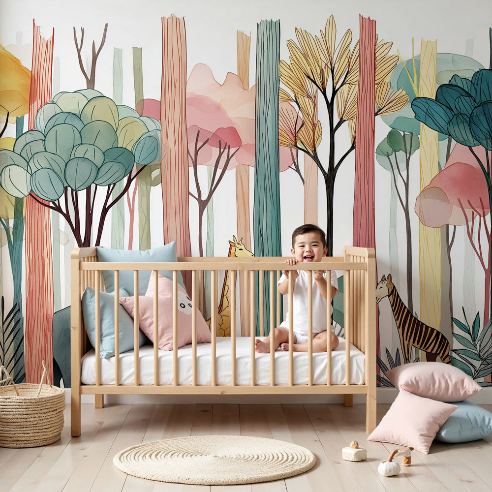 Safari animals mural wallpaper with elephants and giraffes in colorful nursery by Kids-Mundo