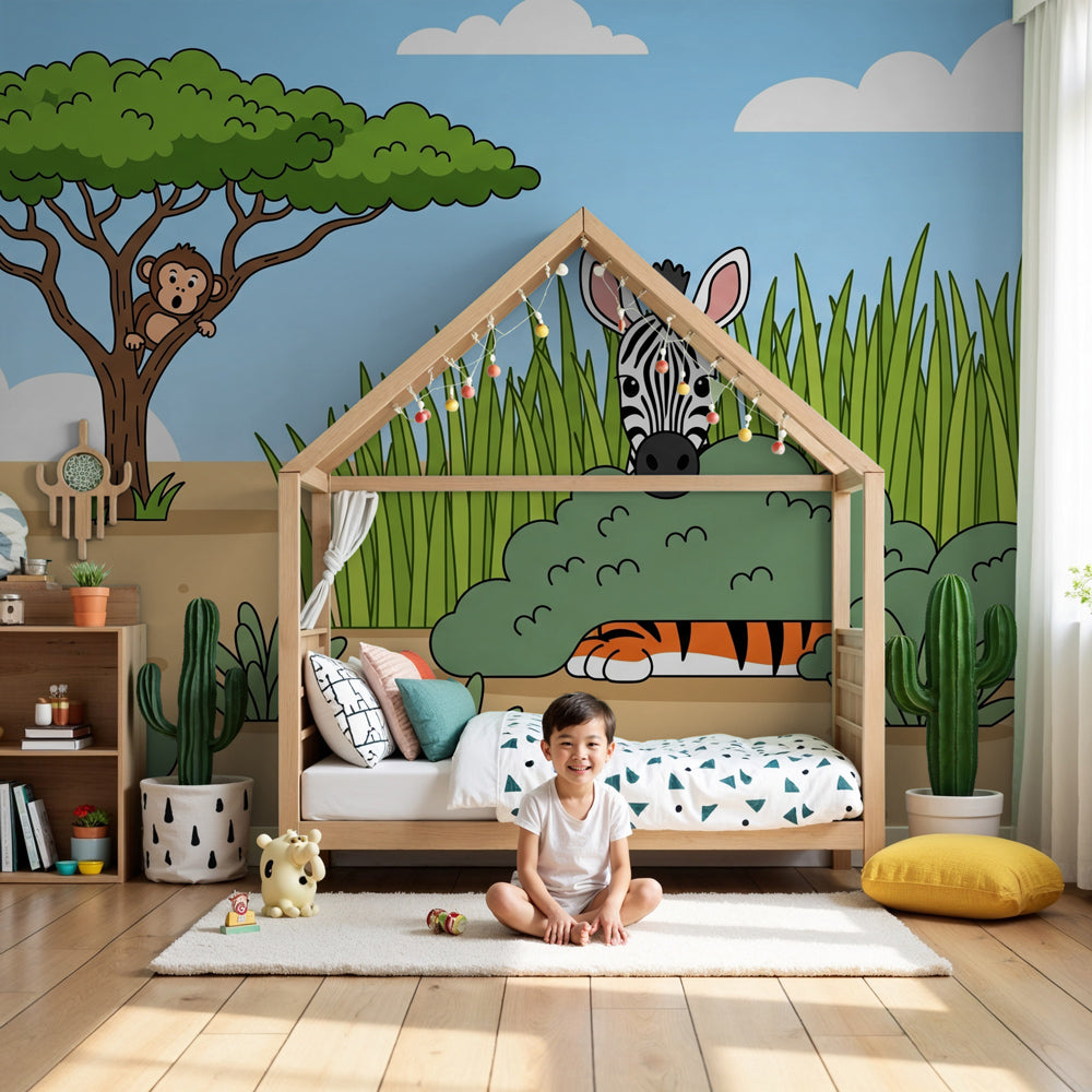 Safari animals mural wallpaper with zebra and lion in bright nursery room by Kids-Mundo