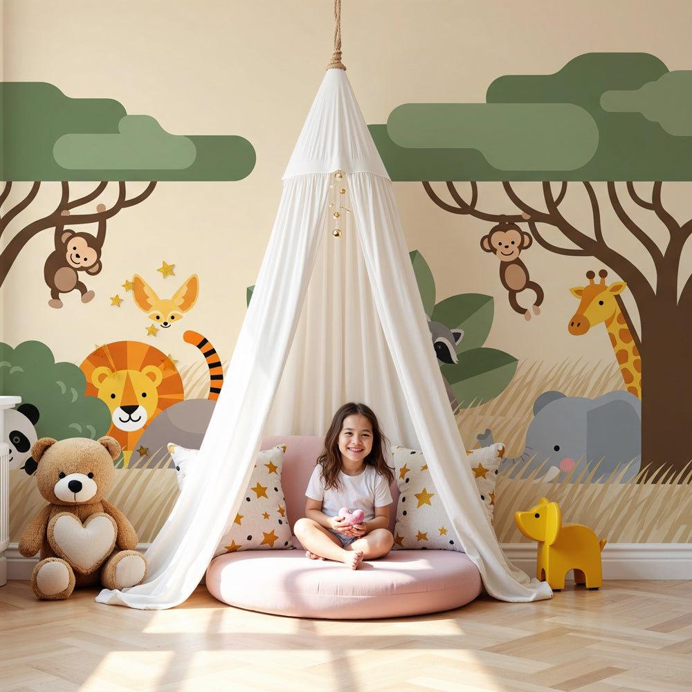 Safari animals mural wallpaper creating adventurous nursery decor with monkeys and lions by Kids-Mundo
