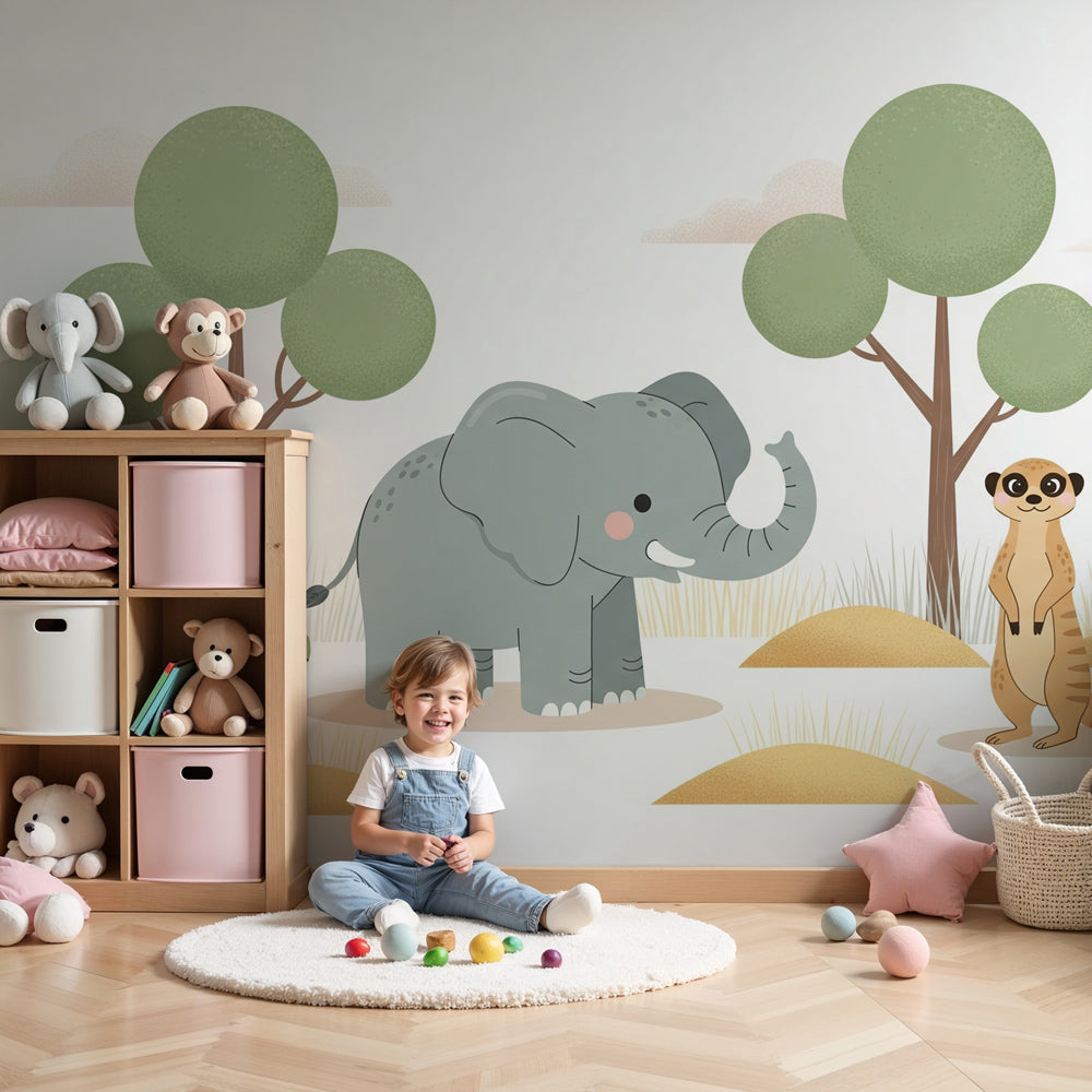 Safari animals mural wallpaper creating adventurous nursery decor with elephant and meerkat by Kids-Mundo