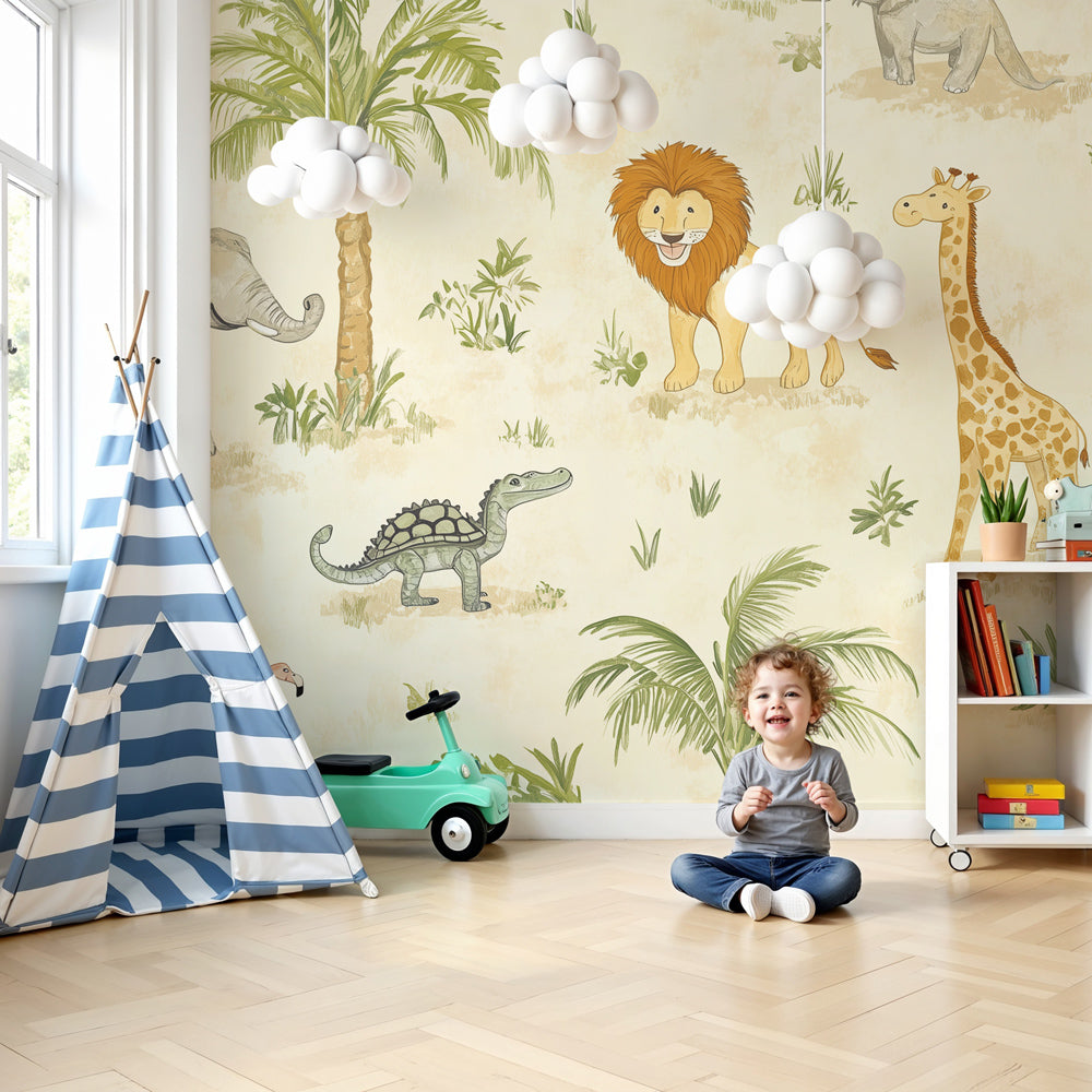 Safari animals mural wallpaper creating adventure-themed nursery with exotic wildlife and palm trees by Kids-Mundo