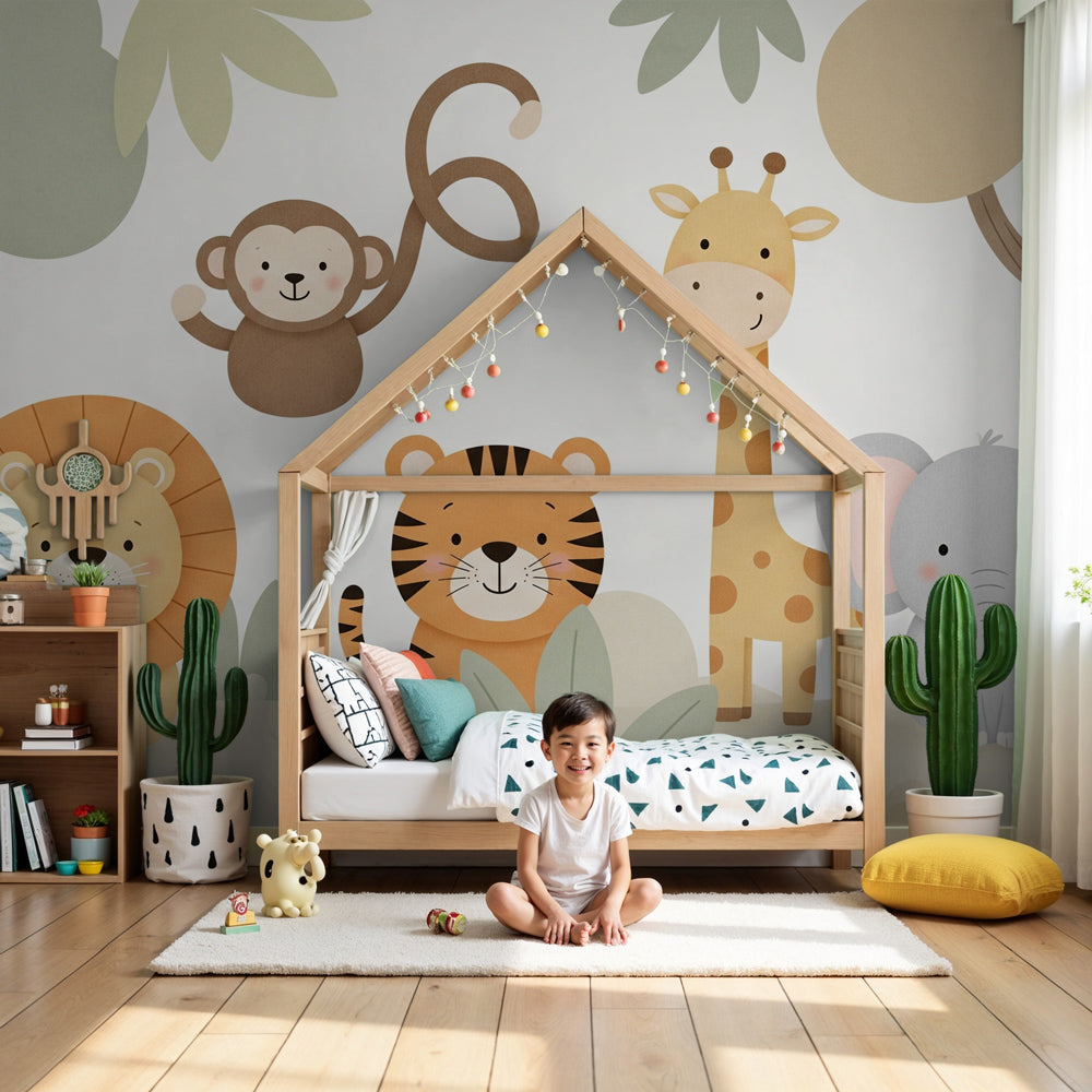 Safari animals mural wallpaper in modern nursery with natural wood furniture by Kids-Mundo