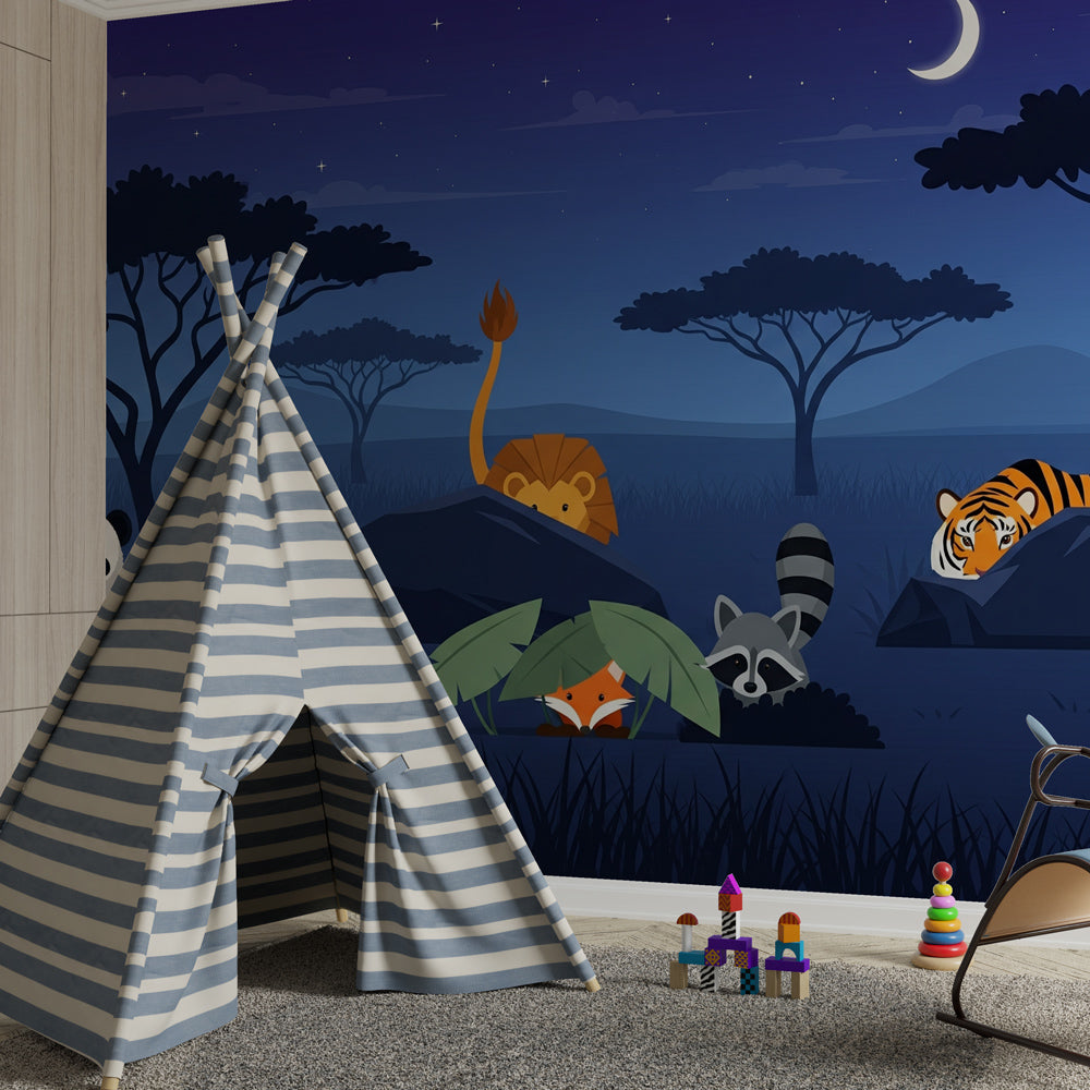 Nighttime safari wallpaper creating magical nursery decor with lions and tigers under stars