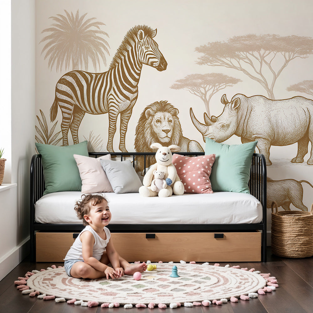 Safari animals mural wallpaper with lion and zebra in sepia tones for kids bedroom by Kids-Mundo