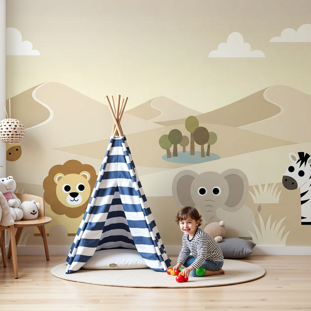 Safari animals mural wallpaper creating peaceful savanna atmosphere in modern nursery by Kids-Mundo