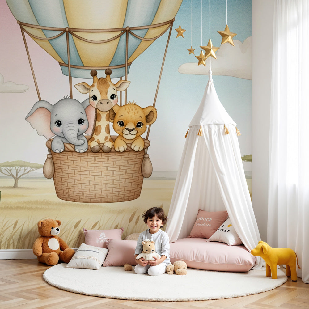 Safari animals hot air balloon mural wallpaper in bright nursery room by Kids-Mundo