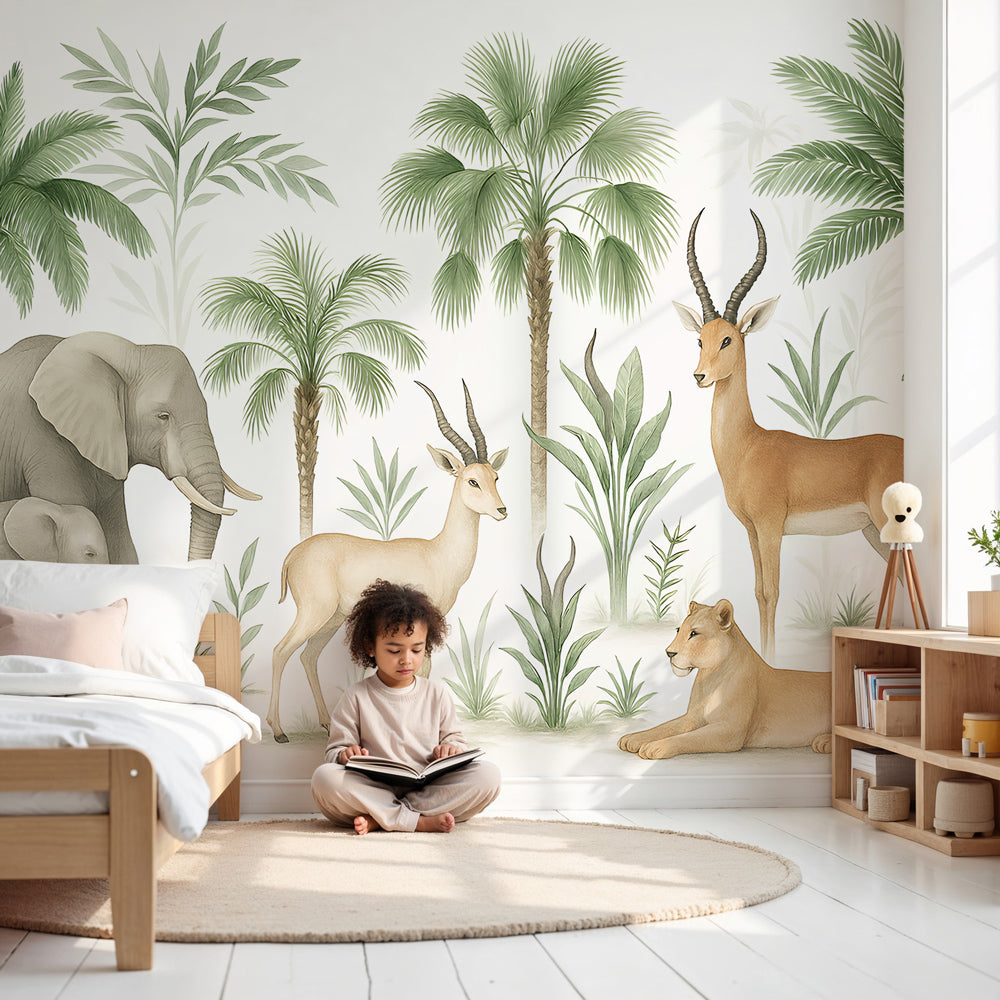 Safari animals mural wallpaper with elephants in modern nursery room by Kids-Mundo