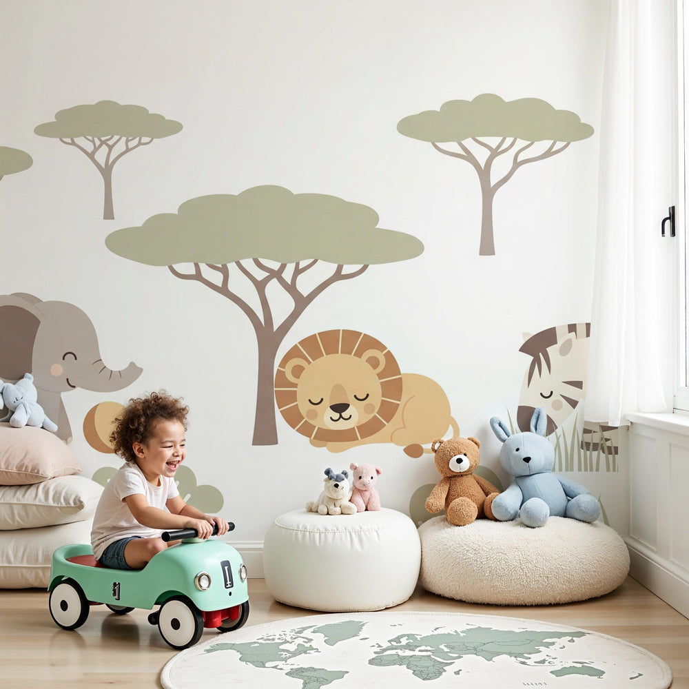 Safari animals mural wallpaper featuring elephant, lion and zebra in peaceful nursery by Kids-Mundo
