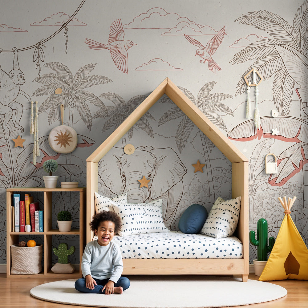 Safari animals mural wallpaper with elephants and monkeys in modern nursery room by Kids-Mundo