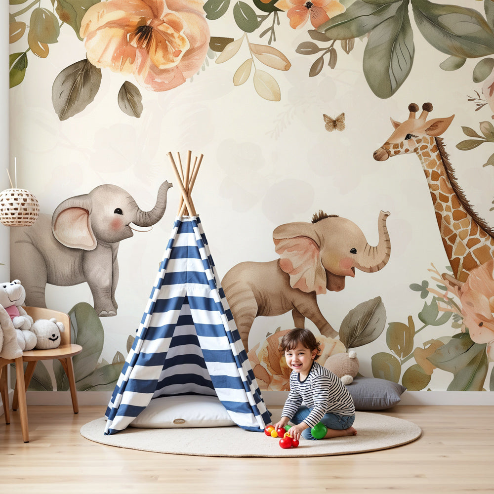 Safari animals mural wallpaper with elephants and giraffe in cozy nursery by Kids-Mundo