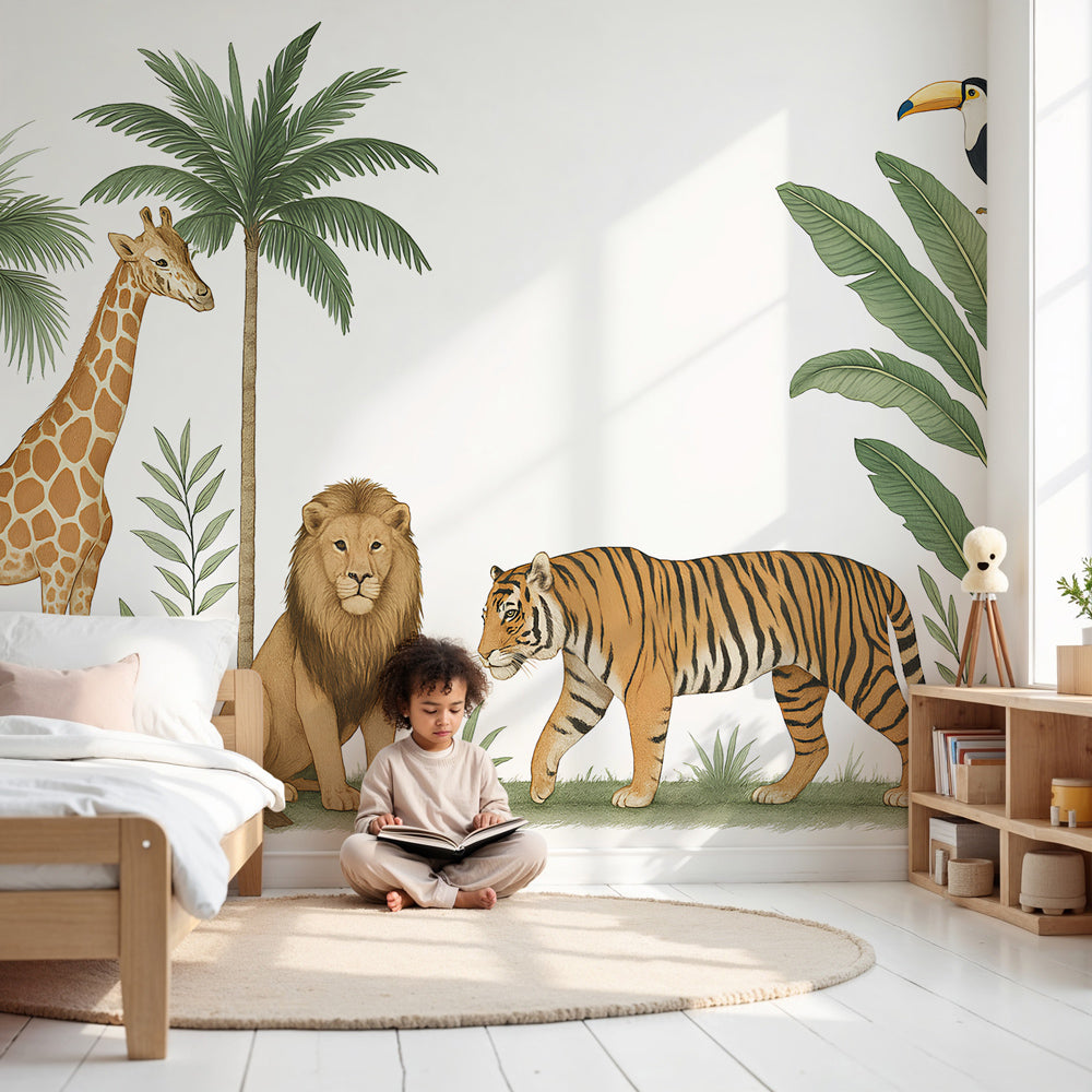 Safari animals mural wallpaper with lions and giraffes in modern nursery by Kids-Mundo