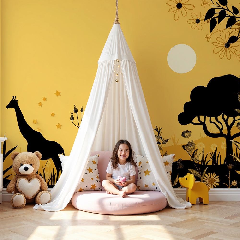 Safari animals mural wallpaper with giraffes and deer in sunny nursery room by Kids-Mundo