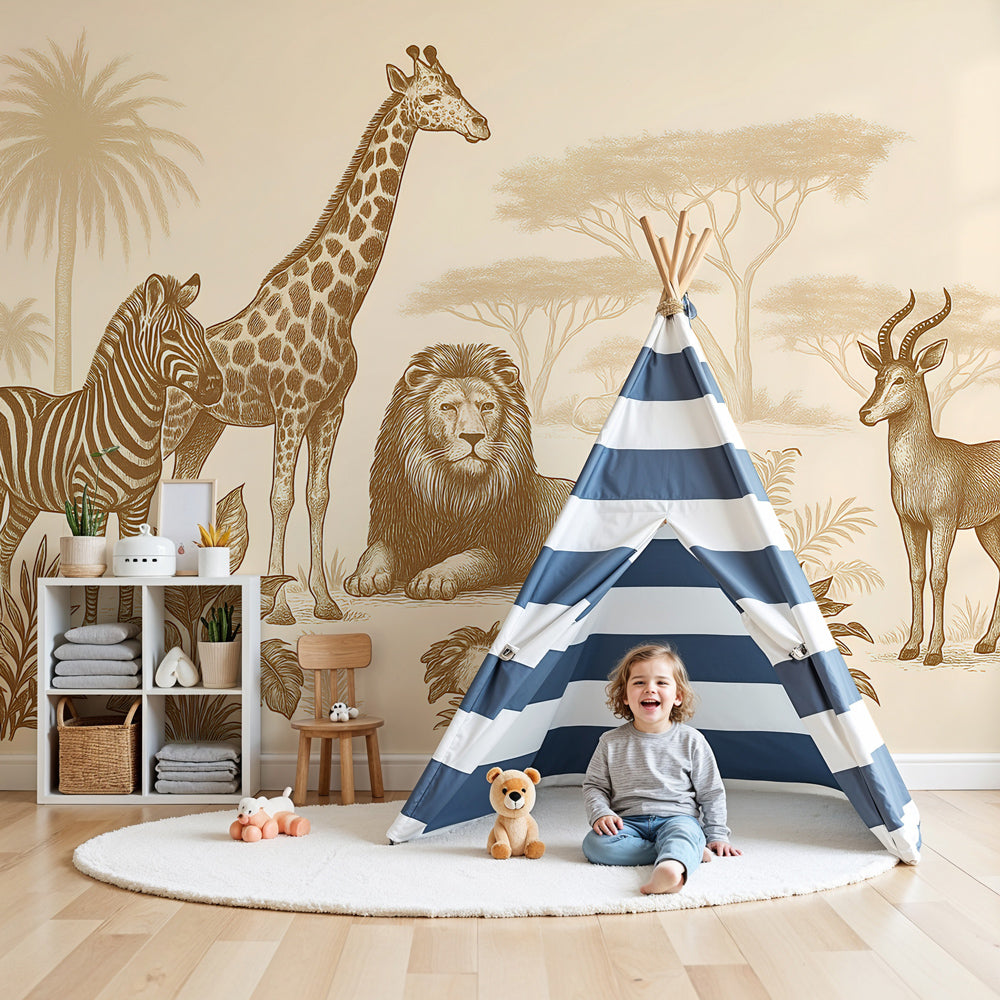 Safari animals mural wallpaper with lion and giraffe decorating modern children's nursery by Kids-Mundo