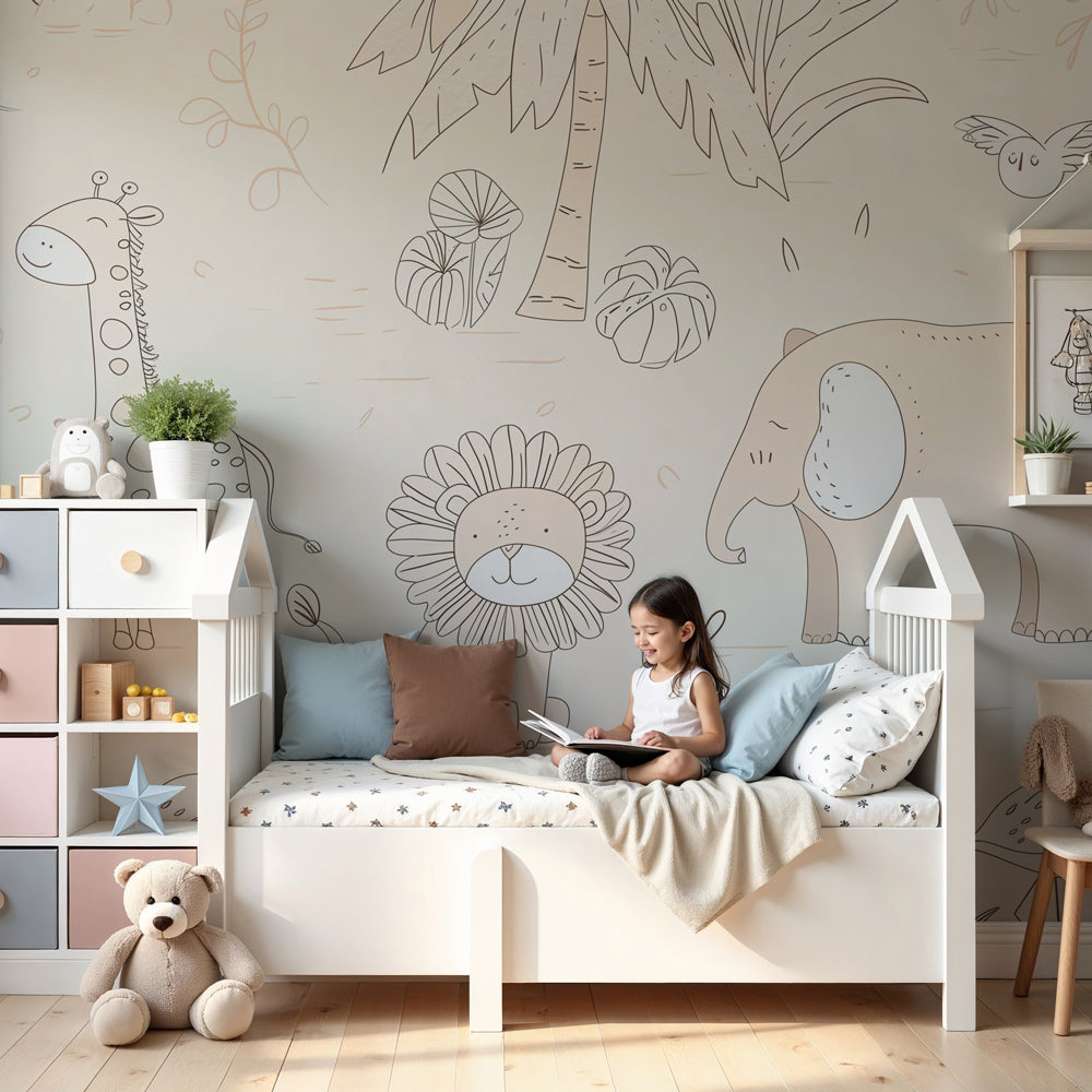 Safari animals mural wallpaper creating peaceful nursery decor with soft pastel tones by Kids-Mundo