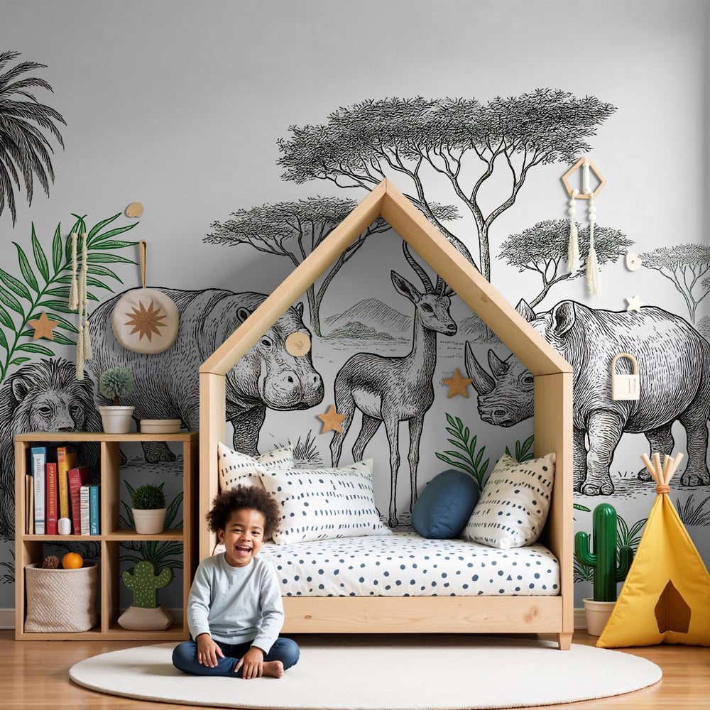 Safari animals mural wallpaper featuring African wildlife in modern nursery by Kids-Mundo