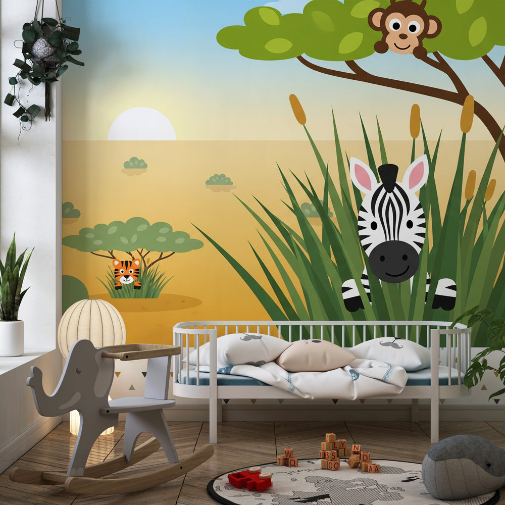 Colorful safari wallpaper featuring monkey and wildlife in bright children's playroom setting
