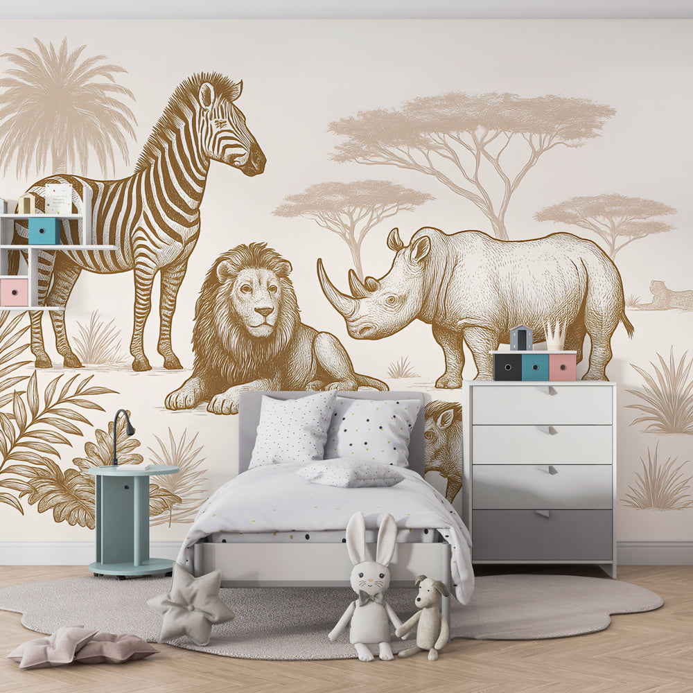 Sepia savanna mural wallpaper creating peaceful African-themed nursery decor with natural furniture
