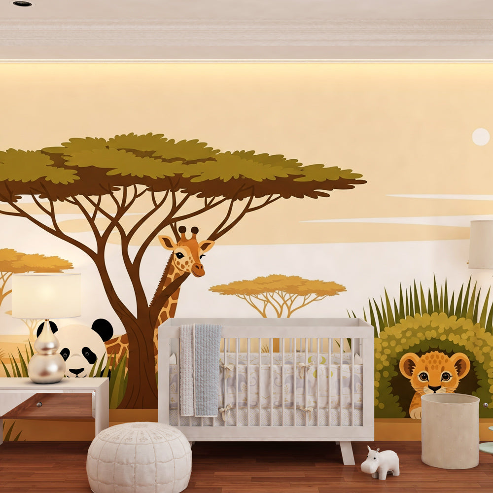 Colorful safari wallpaper creating peaceful toddler bedroom with gentle animal characters