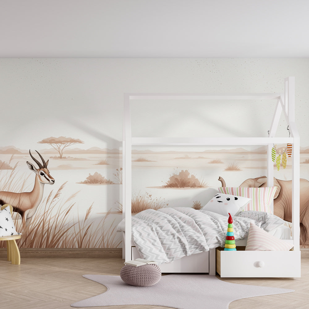 Elegant beige safari wallpaper with elephant and antelope in modern children's bedroom setting