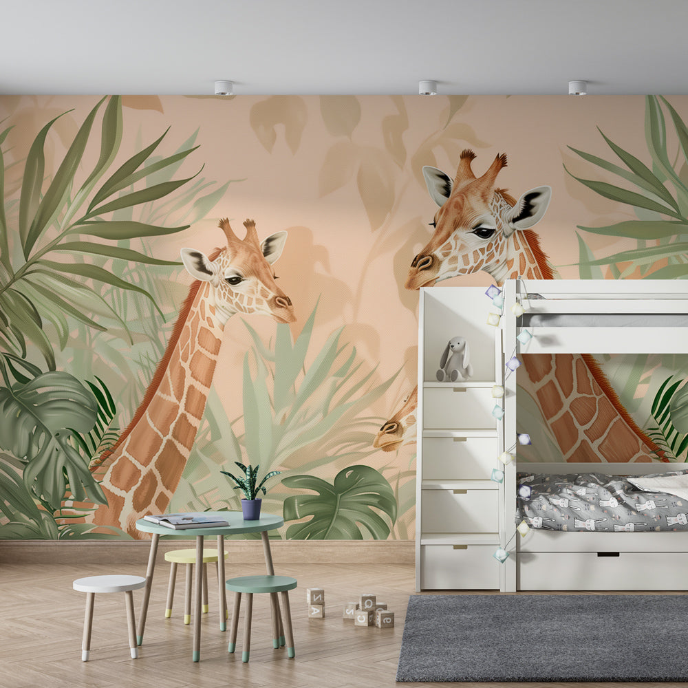 Tropical giraffe wallpaper with lush foliage transforming children's bedroom into safari adventure