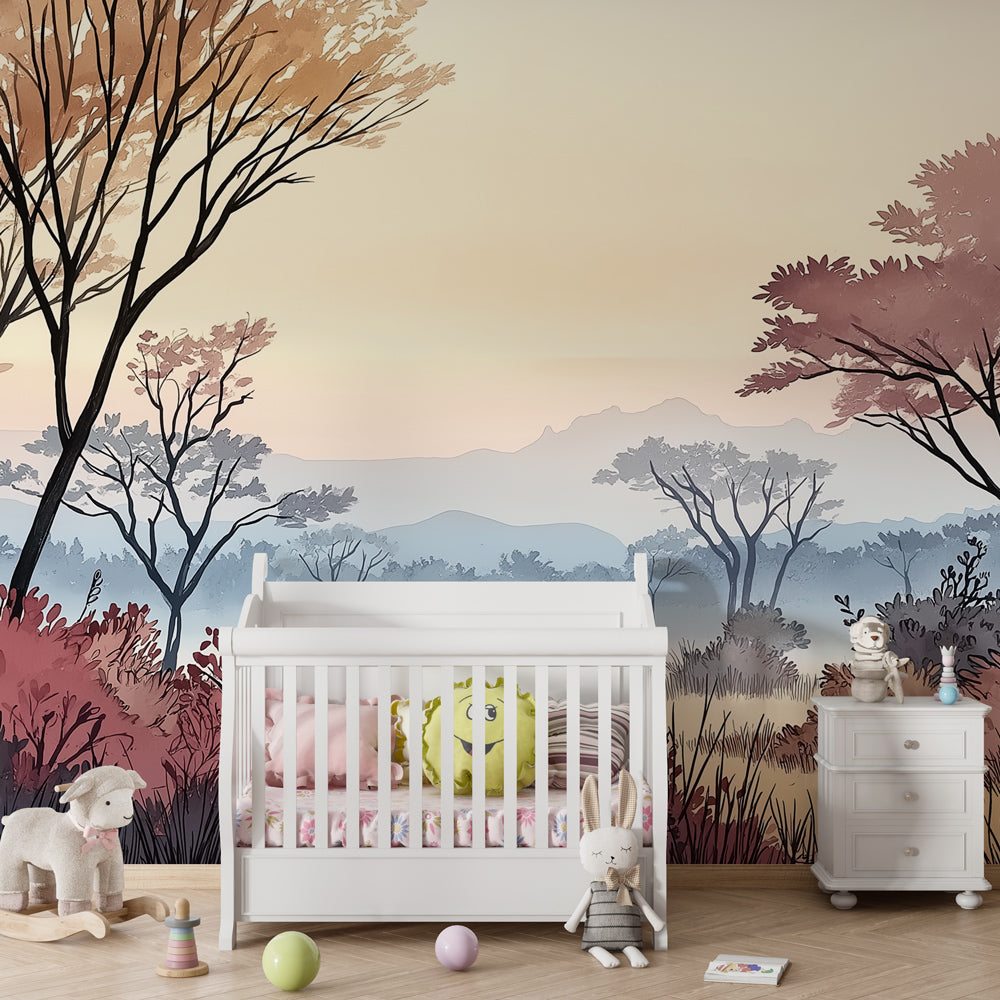 Children's bedroom featuring safari giraffe wallpaper with natural wood furniture and soft lighting