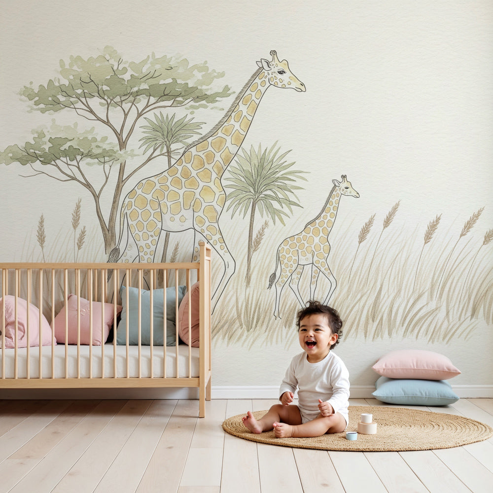 Safari giraffe mural wallpaper creating peaceful nursery decor with natural savanna themes by Kids-Mundo