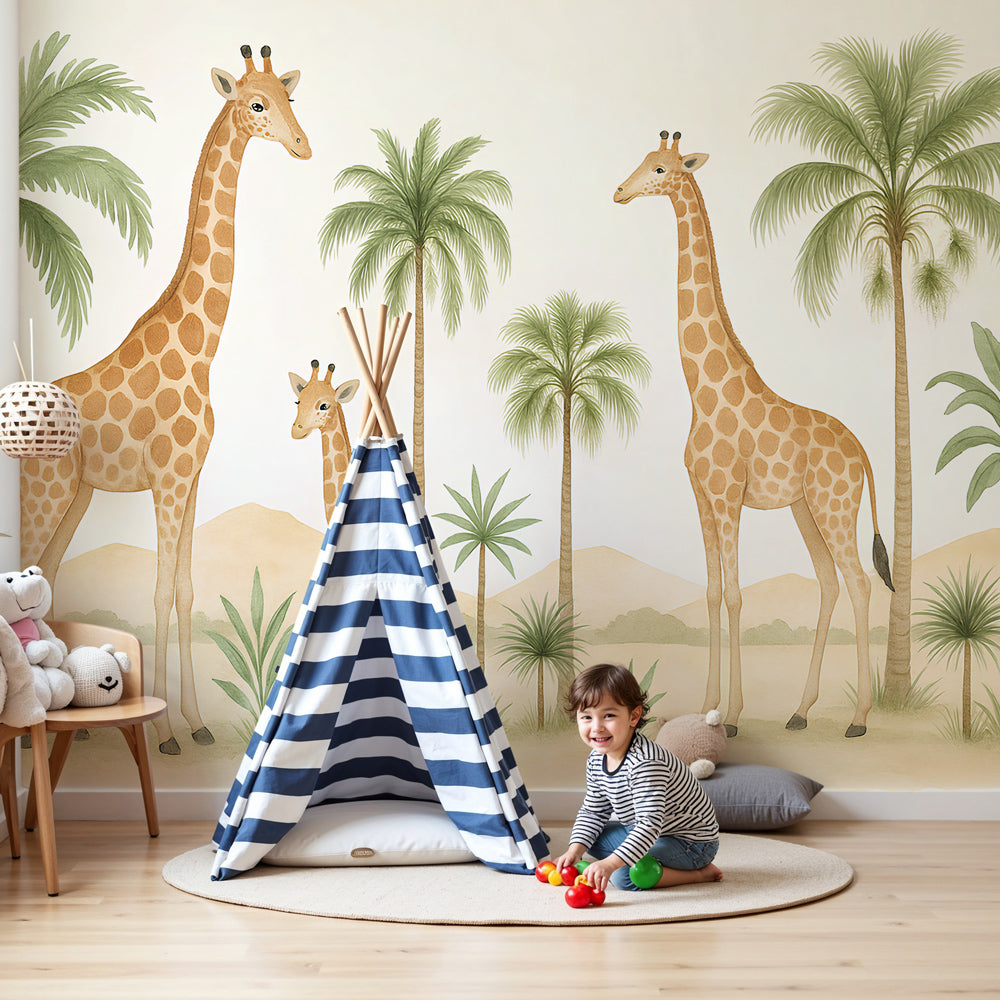 Safari giraffe mural wallpaper creating tropical nursery decor with natural wood furniture by Kids-Mundo
