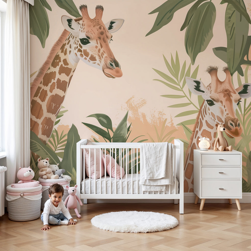 Safari giraffe mural wallpaper creating tropical jungle nursery decor with lush green foliage by Kids-Mundo